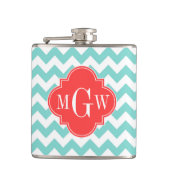Turq Aqua Wht Chevron Coral Quatrefoil 3 Monogram Heupfles (Voorkant)