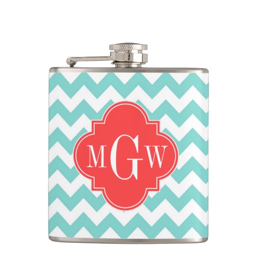 Turq Aqua Wht Chevron Coral Quatrefoil 3 Monogram Heupfles (Voorkant)
