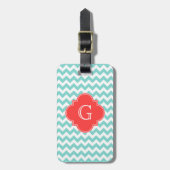 Turq / Aqua Wht Chevron Coral Quatrefoil Monogram Bagagelabel (Voorkant verticaal)