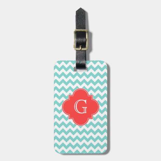 Turq / Aqua Wht Chevron Coral Quatrefoil Monogram Bagagelabel (Voorkant verticaal)