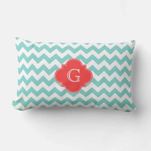 Turq / Aqua Wht Chevron Coral Quatrefoil Monogram Kussen (Voorkant)