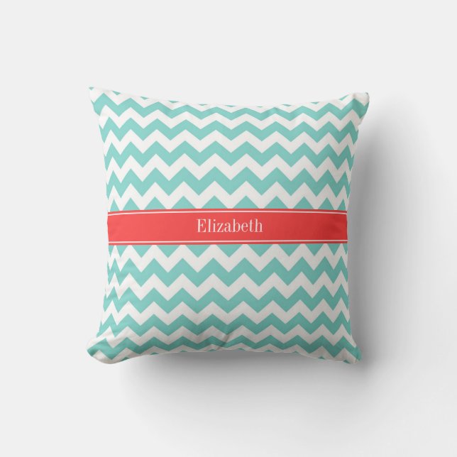 Turq / Aqua Wht Chevron Coral Red Name Monogram Kussen (Voorkant)