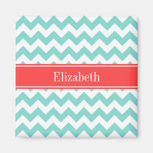 Turq / Aqua Wht Chevron Coral Red Name Monogram Magneet