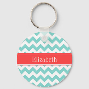 Turq / Aqua Wht Chevron Coral Red Name Monogram Sleutelhanger