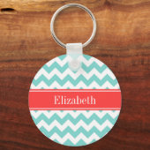 Turq / Aqua Wht Chevron Coral Red Name Monogram Sleutelhanger (Voorkant)