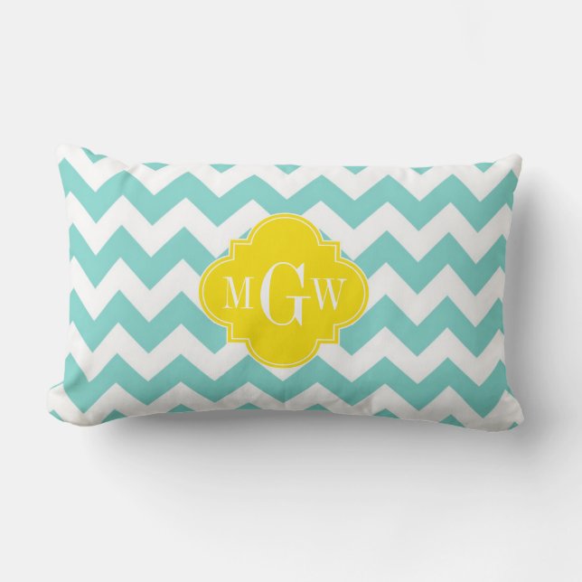 Turq / Aqua Wht Chevron Geel 3 Initiele Monogram Kussen (Voorkant)