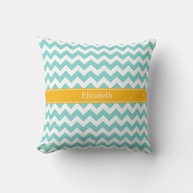 Turq / Aqua Wht Chevron Goldenrod Name Monogram Kussen (Voorkant)
