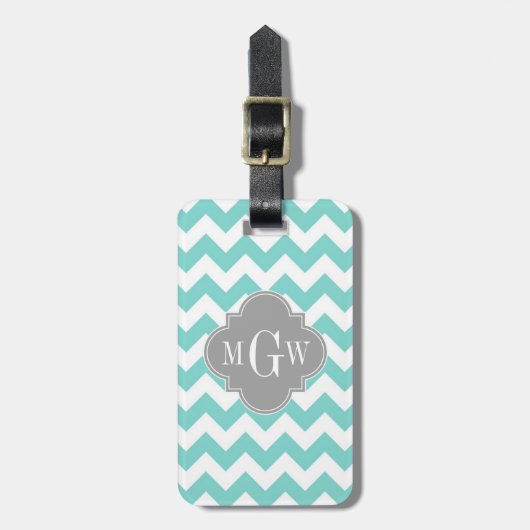 Turq / Aqua Wht Chevron Gray 3 Initiaal Monogram Bagagelabel (Voorkant verticaal)
