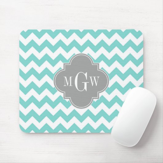 Turq / Aqua Wht Chevron Gray 3 Initiaal Monogram Muismat (Met muis)