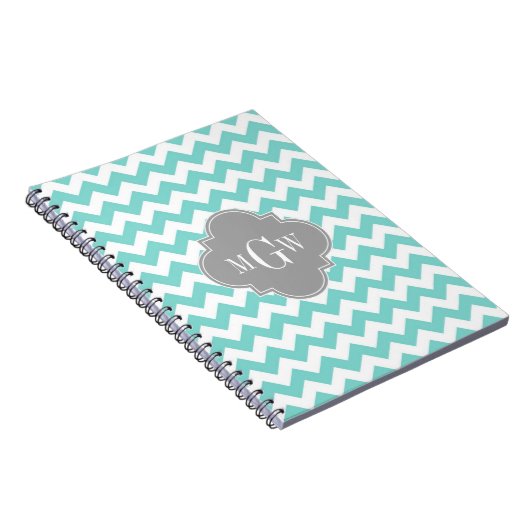 Turq / Aqua Wht Chevron Gray 3 Initiaal Monogram Notitieboek (Rechterzijde)