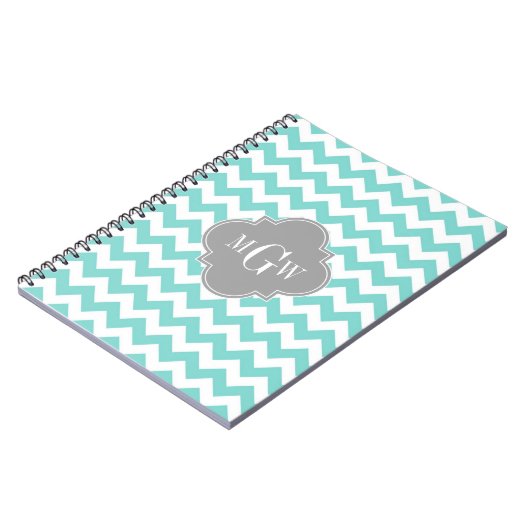 Turq / Aqua Wht Chevron Gray 3 Initiaal Monogram Notitieboek (Linkerzijde)