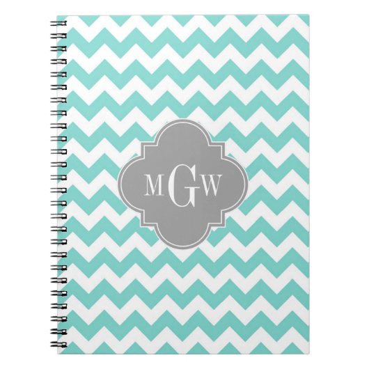 Turq / Aqua Wht Chevron Gray 3 Initiaal Monogram Notitieboek (Voorkant)