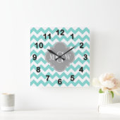 Turq / Aqua Wht Chevron Gray 3 Initiaal Monogram Vierkante Klok (Huis)
