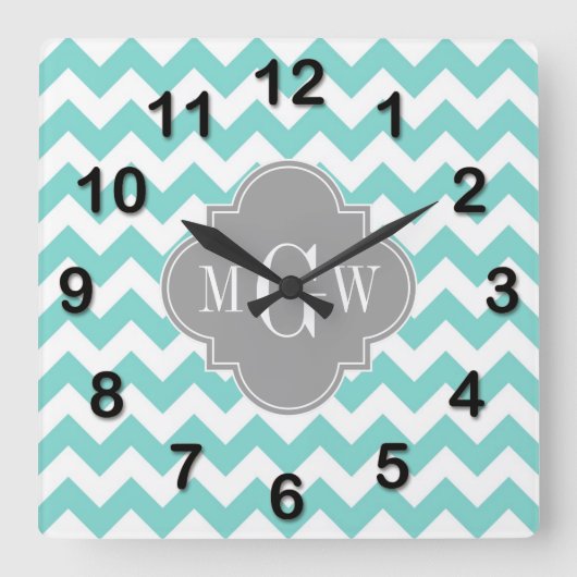 Turq / Aqua Wht Chevron Gray 3 Initiaal Monogram Vierkante Klok (Voorkant)