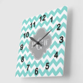 Turq / Aqua Wht Chevron Gray 3 Initiaal Monogram Vierkante Klok (Hoek)