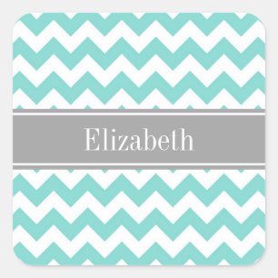 Turq / Aqua Wht Chevron Gray Name Monogram Vierkante Sticker