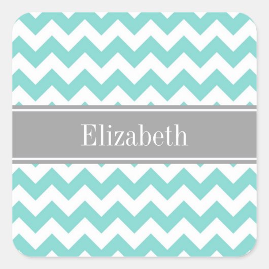 Turq / Aqua Wht Chevron Gray Name Monogram Vierkante Sticker (Voorkant)