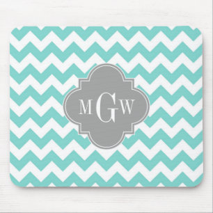 Turq / Aqua Wht Chevron Grijs 3 Initiaal Monogram Muismat