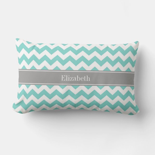 Turq / Aqua Wht Chevron Grijs Naam Monogram Kussen (Voorkant)