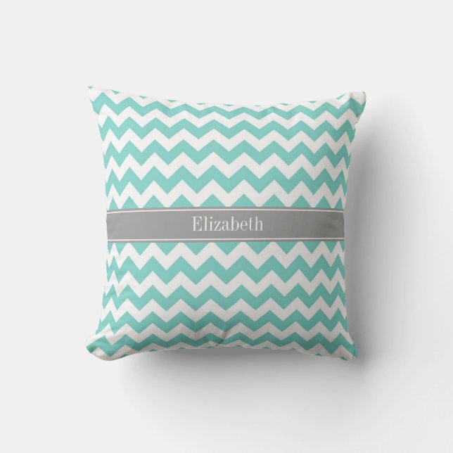 Turq / Aqua Wht Chevron Grijs Naam Monogram Kussen (Voorkant)