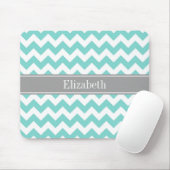 Turq / Aqua Wht Chevron Grijs Naam Monogram Muismat (Met muis)