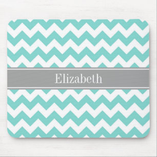 Turq / Aqua Wht Chevron Grijs Naam Monogram Muismat