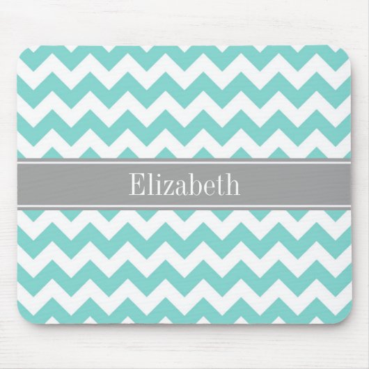 Turq / Aqua Wht Chevron Grijs Naam Monogram Muismat (Voorkant)