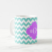 Turq / Aqua Wht Chevron Lila 3 Initiaal monogram Koffiemok (Voorkant links)