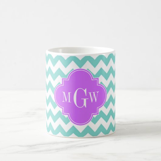 Turq / Aqua Wht Chevron Lila 3 Initiaal monogram Koffiemok (Center)