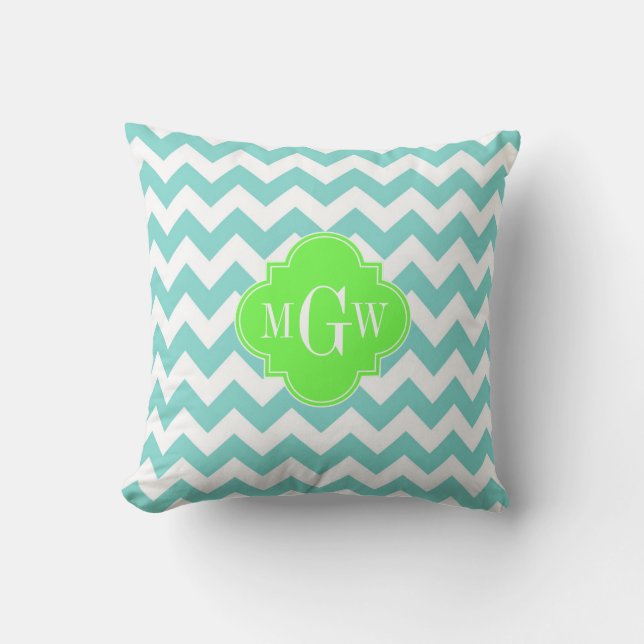 Turq / Aqua Wht Chevron Lime 3 Initiele Monogram Kussen (Voorkant)