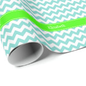 Turq / Aqua Wht Chevron Limoen Naam Monogram Cadeaupapier (Rol Hoek)