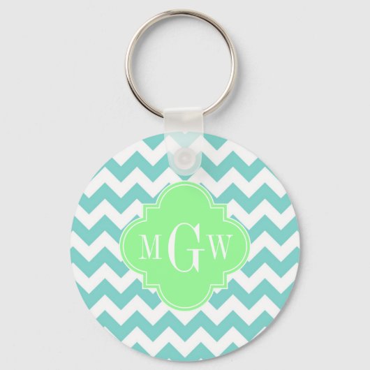 Turq / Aqua Wht Chevron Mint 3 Initiaal Monogram Sleutelhanger (Voorkant)
