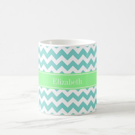 Turq / Aqua Wht Chevron Mint Green Name Monogram Koffiemok (Center)