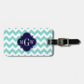 Turq / Aqua Wht Chevron Navy 3 Initiaal Monogram Bagagelabel (Voorkant horizontaal)