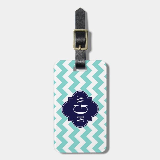 Turq / Aqua Wht Chevron Navy 3 Initiaal Monogram Bagagelabel (Voorkant verticaal)