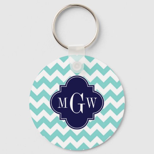 Turq / Aqua Wht Chevron Navy 3 Initiaal Monogram Sleutelhanger (Voorkant)