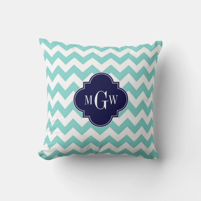 Turq / Aqua Wht Chevron Navy 3 Initiele Monogram Kussen (Voorkant)
