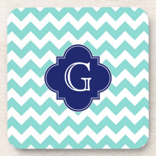 Turq / Aqua Wht Chevron Navy Quatrefoil Monogram Drankjes Onderzetter