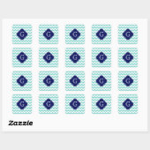 Turq / Aqua Wht Chevron Navy Quatrefoil Monogram Vierkante Sticker (Vel)