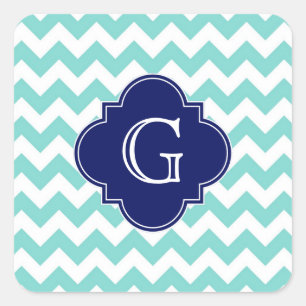Turq / Aqua Wht Chevron Navy Quatrefoil Monogram Vierkante Sticker