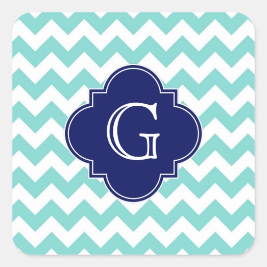 Turq / Aqua Wht Chevron Navy Quatrefoil Monogram Vierkante Sticker (Voorkant)