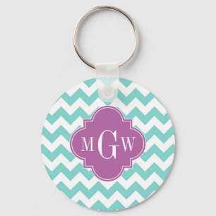 Turq / Aqua Wht Chevron Orchid 3 Initiaal Monogram Sleutelhanger
