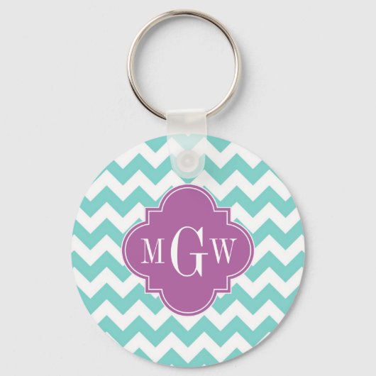 Turq / Aqua Wht Chevron Orchid 3 Initiaal Monogram Sleutelhanger (Voorkant)