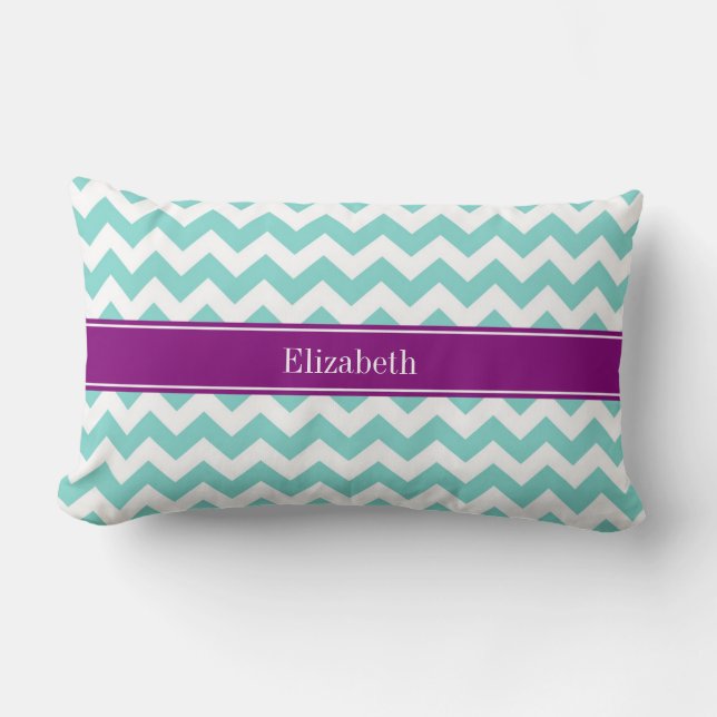 Turq / Aqua Wht Chevron Paars Naam Monogram Kussen (Voorkant)