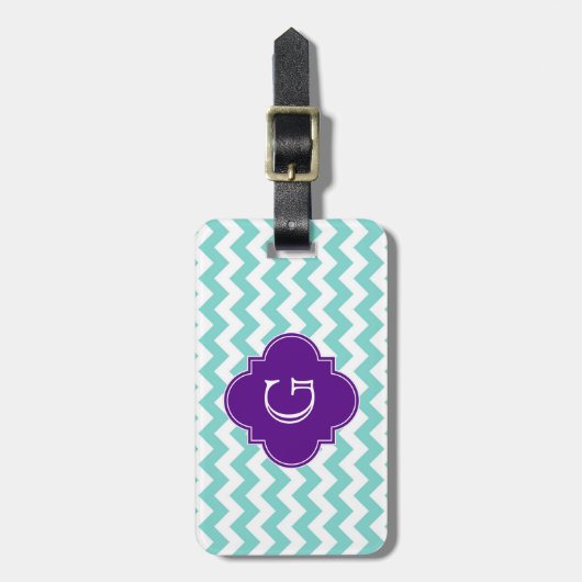 Turq / Aqua Wht Chevron Paars Quatrefoil Monogram Bagagelabel (Voorkant verticaal)