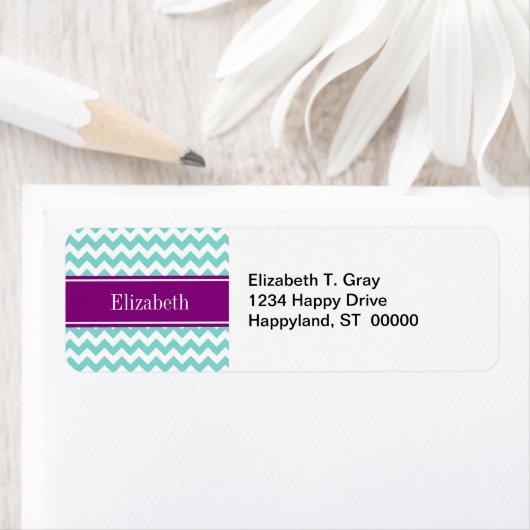 Turq / Aqua Wht Chevron Paarse naam Monogram Etiket (Insitu)