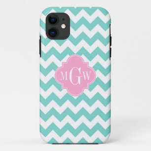 Turq / Aqua Wht Chevron Pink 3 Initiaal Monogram Case-Mate iPhone Case