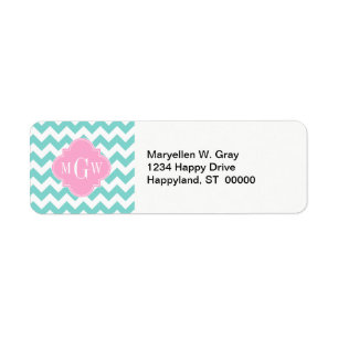 Turq / Aqua Wht Chevron Pink 3 Initiaal Monogram Etiket