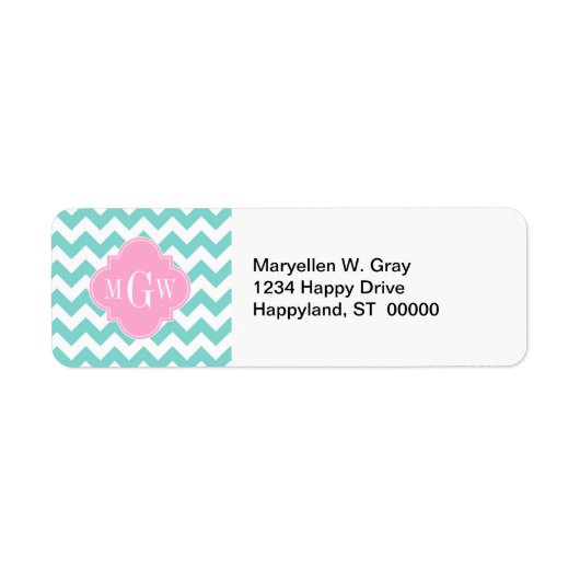 Turq / Aqua Wht Chevron Pink 3 Initiaal Monogram Etiket (Voorkant)