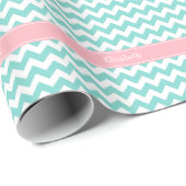 Turq / Aqua Wht Chevron Pink Name Monogram Cadeaupapier (Rol Hoek)